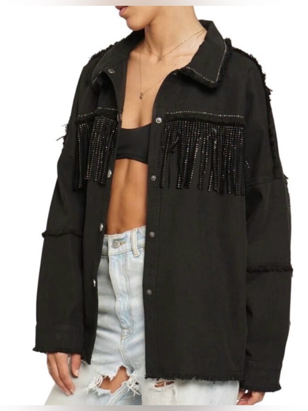 The Style Between Us • Rhinestone Fringe Denim Jacket 100% Cotton